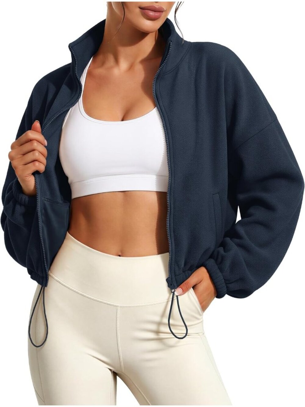 Women’s Navy Long Sleeve Cropped Sherpa Full ZIP Collar Fleece Jacket